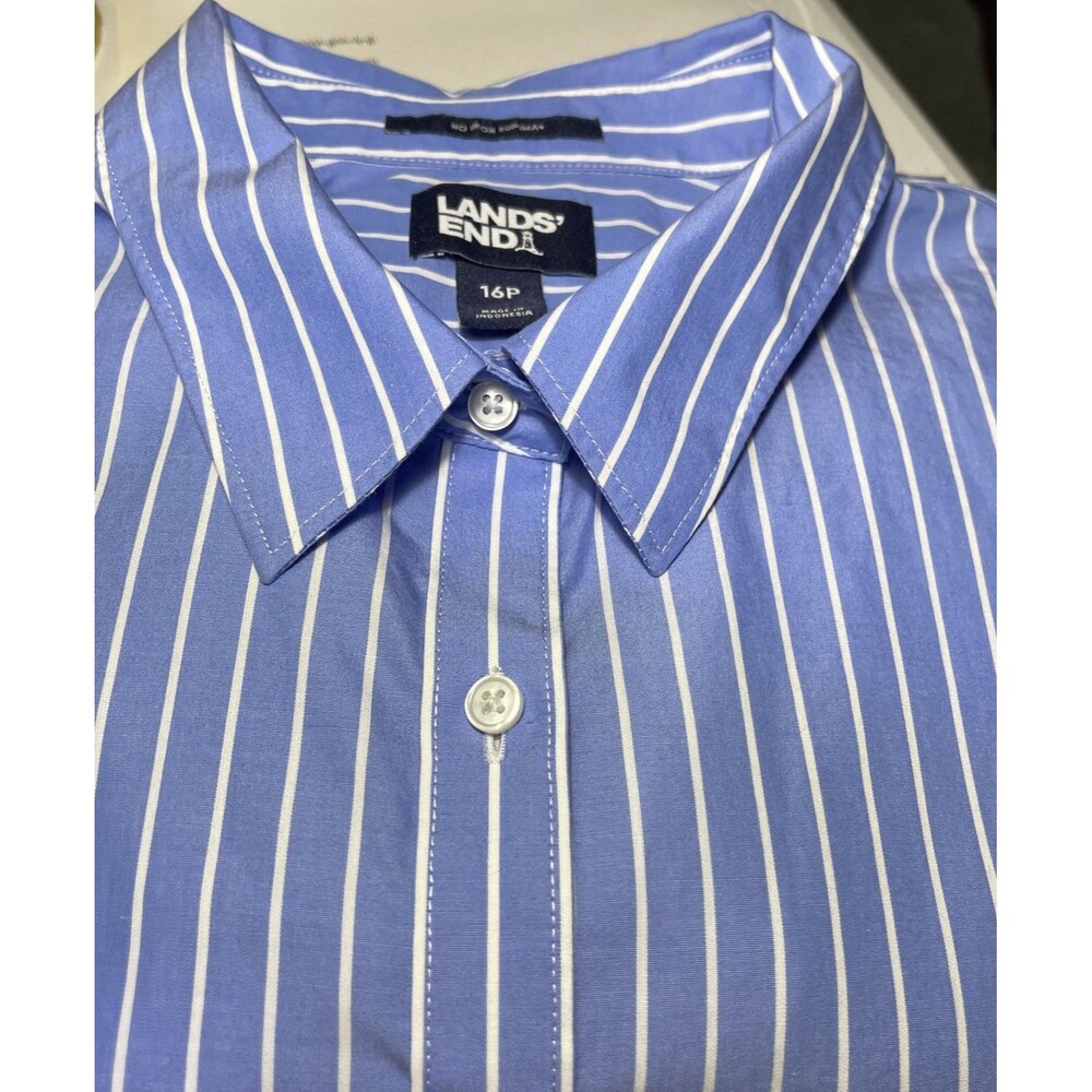 Lands' End Classic Striped Blouse No Iron Supima Cotton LS Blue White 16P